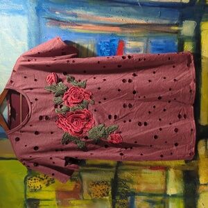 Local Lab Women's T- Shirt XL 3D Rose Embroidered Factory Distressed Holes NWOT